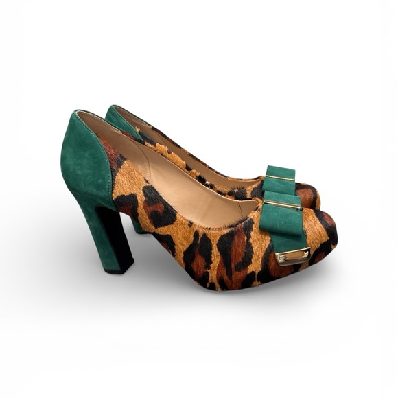 Rio Couture Made in Brazil Leopard Print Bow Buckle Green Suede Pumps Size 8